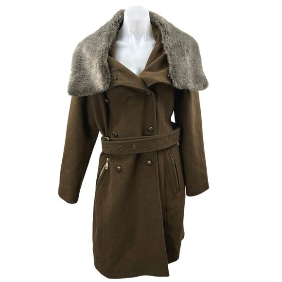 Vince Camuto Olive Green Wool Faux Fur Collar Long Sleeve Trench Coat Jacket L - Picture 1 of 5